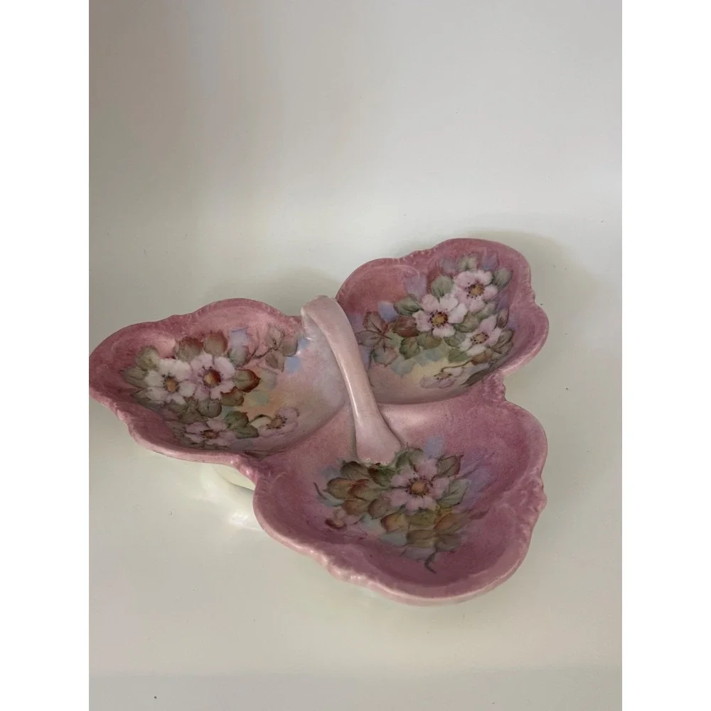 Vintage 1983 Hand Painted Floral Ceramic 3-Section Candy Dish Iridescent Pink